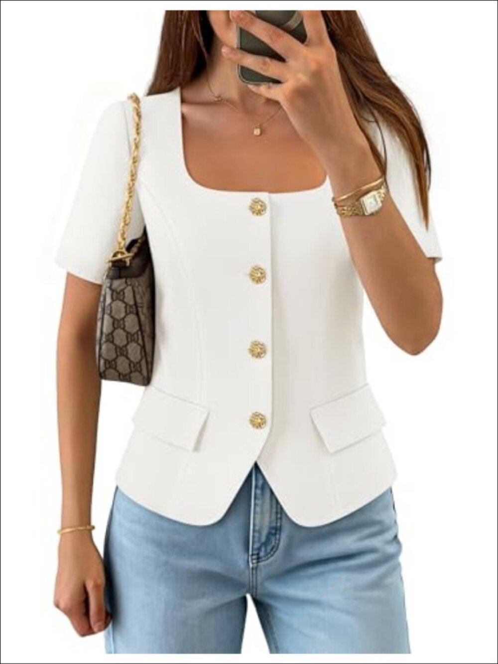 ZESICA Women's Short Sleeve Cropped Vest Top Blazer Suit Work Outfit